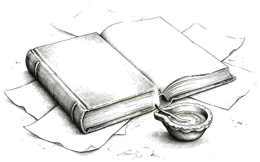 Ink sketch of an open book and a clay oil lamp