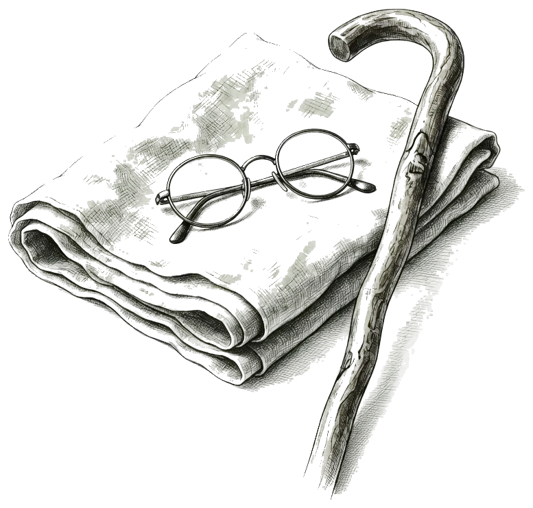 Ink sketch of a folded shawl, spectacles, and a walking stick